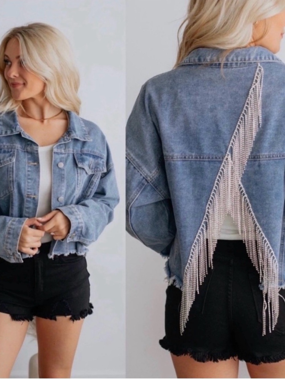 Savanna Jane Western Rhinestone Fringe Festival Denim Jacket Light Wash Sz S